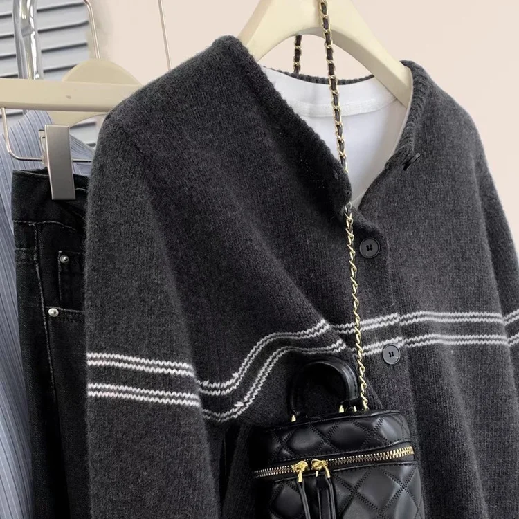 Athvotar Athvotar Striped Wool Knitted Cardigan Women's Autumn Coat 2025 New Spliced Sweater Jacket Bottom Shirt Tide