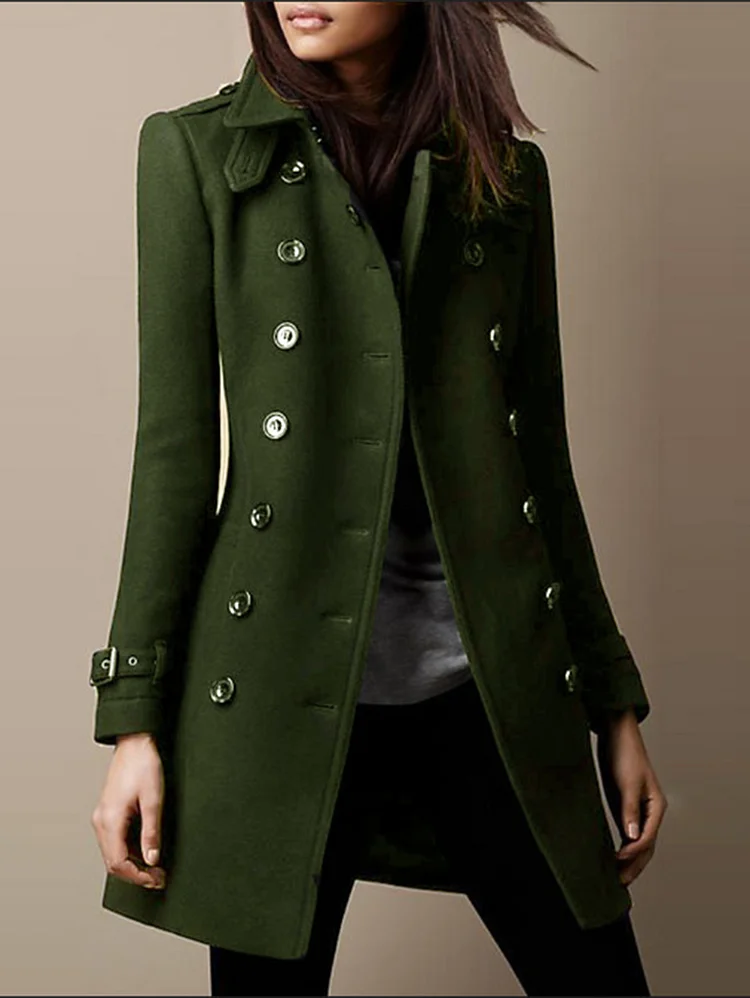 Casual Lapel Collar Double-Breasted Mid-Length Solid Coat