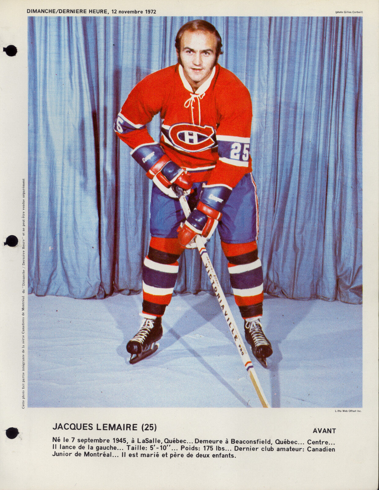 1972 Jacques Lemaire MONTREAL CANADIENS NM DIMANCHE DERNIER Magazine 8X11 Photo Poster painting