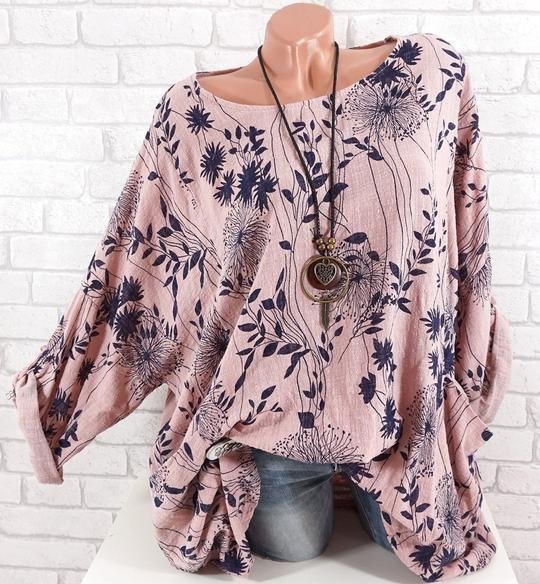 Plus Size Casual Long Sleeve Leaves Printed O-Neck T-shirts - Chicaggo