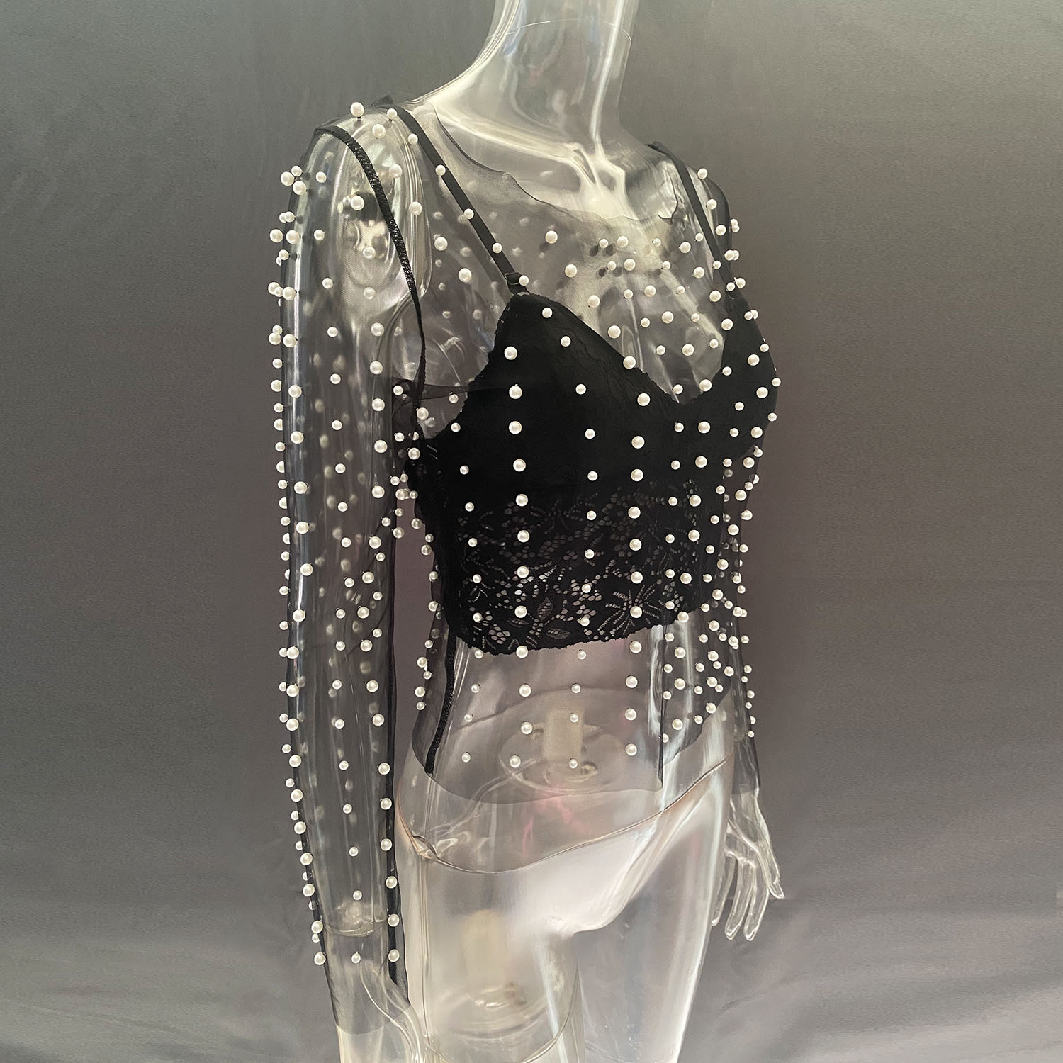Ootddress Summer Long Sleeve Beach Top Mesh For Women Sheer Lace See-Through Crop top Pearls Cover up Slim Nude sexy Party Outfits