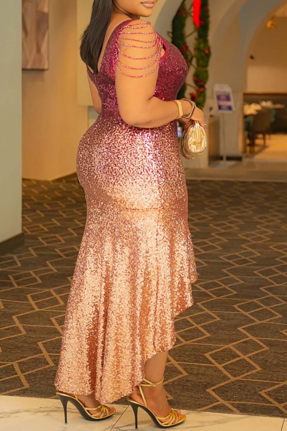 Plus Size Mother Of The Bride Midi Dresses Elegant Red Gradient Spring Summer V Neck Mermaid Sequin Midi Dresses [Pre-Order]