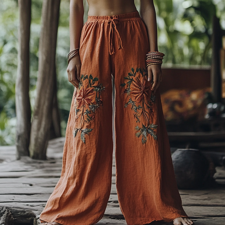 Bohemian Holiday Style Retro Linen Floral Ethnic Totem Print Linen Long Loose Wide-leg Pants