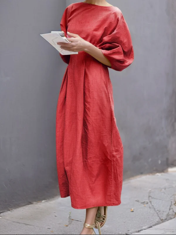 Solid Color Puff Sleeves Loose Round-neck Maxi Dresses