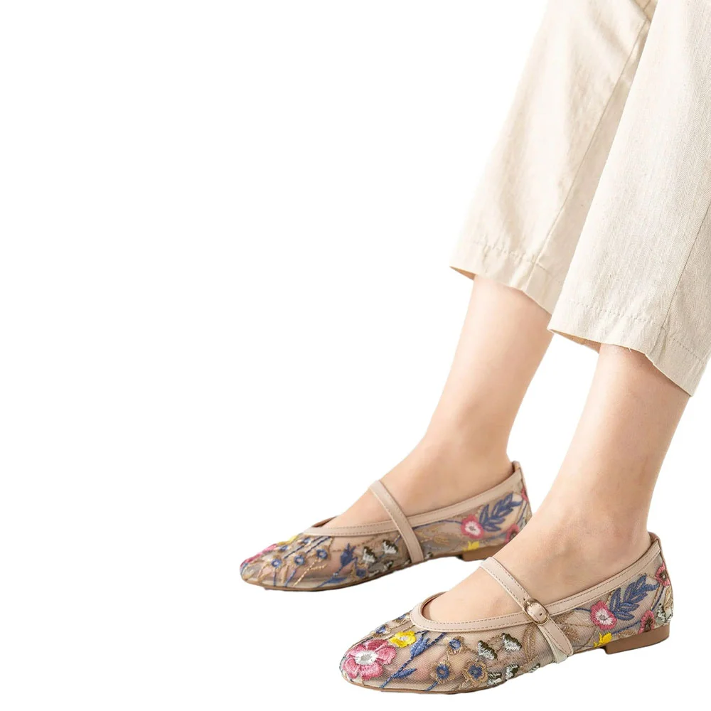Women's Breathable Mesh Round Toe Beige Floral Mary Jane Flats