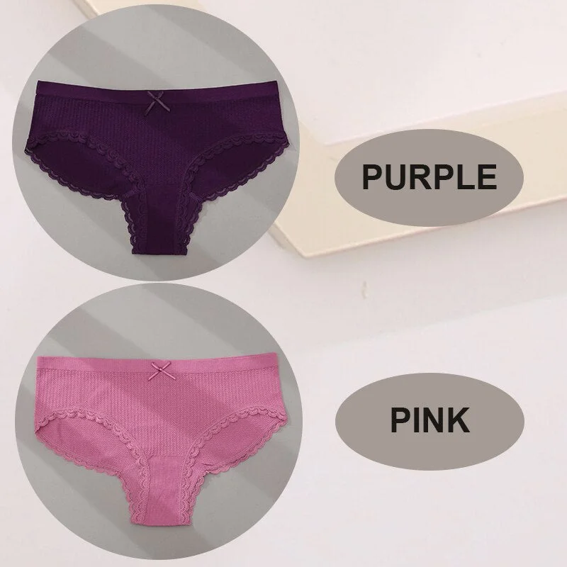FINETOO 2PCS/Set M-2XL Women Seamless Sexy Panties Cute Bownot 6 Solid Color Girl Underwear Briefs Lingerie Underpant Lace Panty