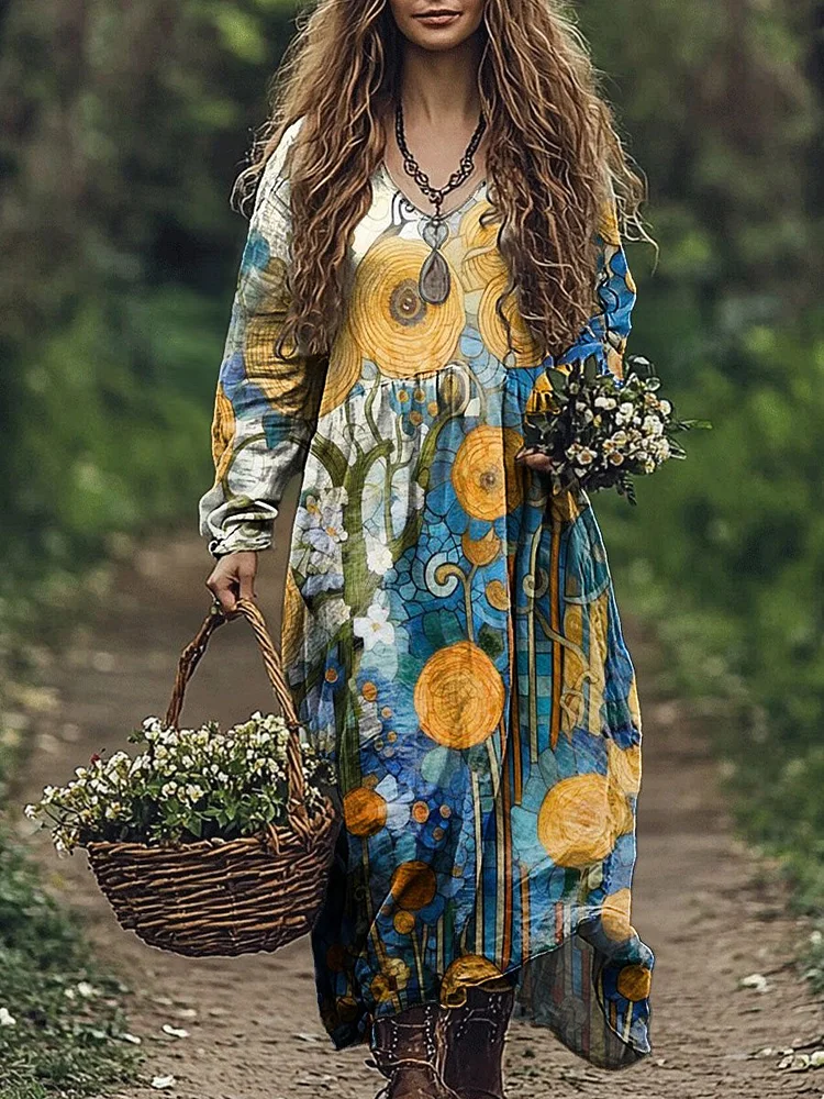 Women's Colorful Flowers Print Pocket Cotton Dress
