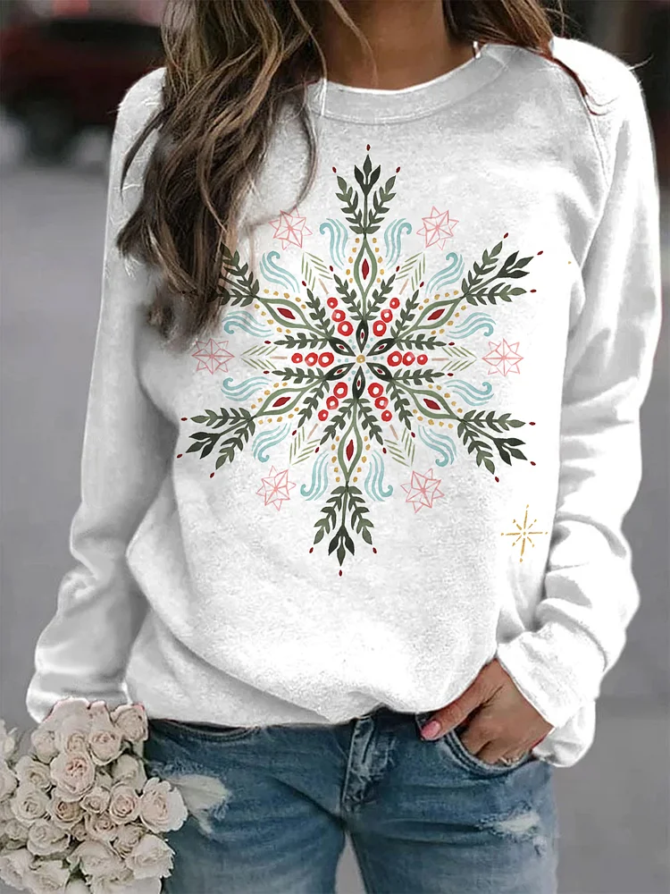 Women's Snowflake Print Cotton Long Sleeve T-Shirt Thin Sweatshirt