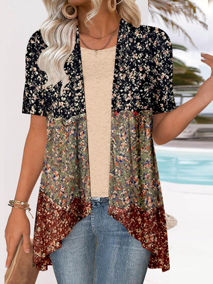 Women Short Sleeve V-neck Floral Printed Graphic Two-Pieced Cardigan Tops