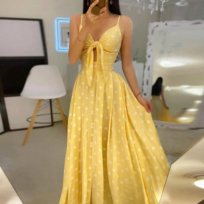 Uveng Uveng New V-Neck Sling Print Commuting Bow Mid-Long Dress