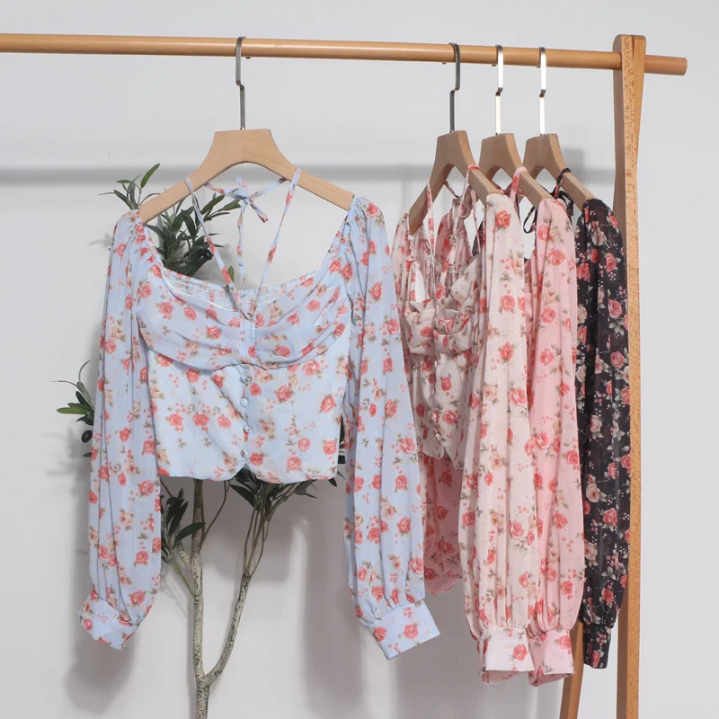 Uveng Sexy One-Word Shoulder Hanging Neck Chopped Spicy Shirt Female Design Sense Small Short To Take Long Sleeves Hottie Top 8831