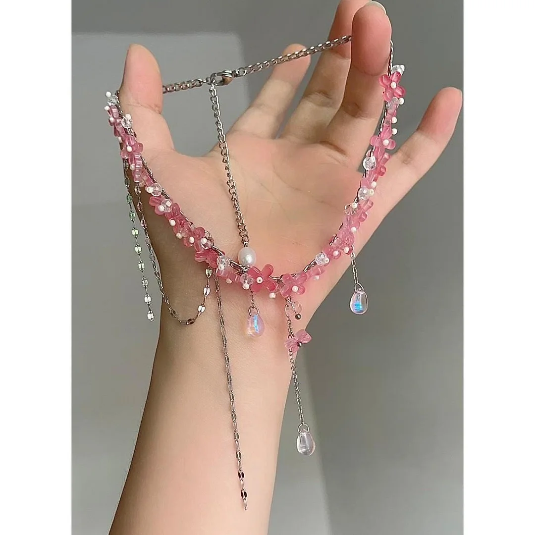 Sweet Glass Flower Beaded Crystal Necklace