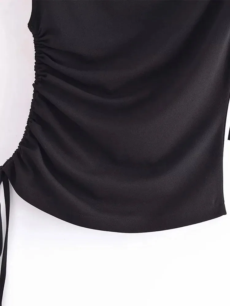 Nncharge TRAF Summer Slim Blouse Women Stand Collar Sleeveless Tank Top Elegant Bodycon Simple Tops Female Clothing 2023