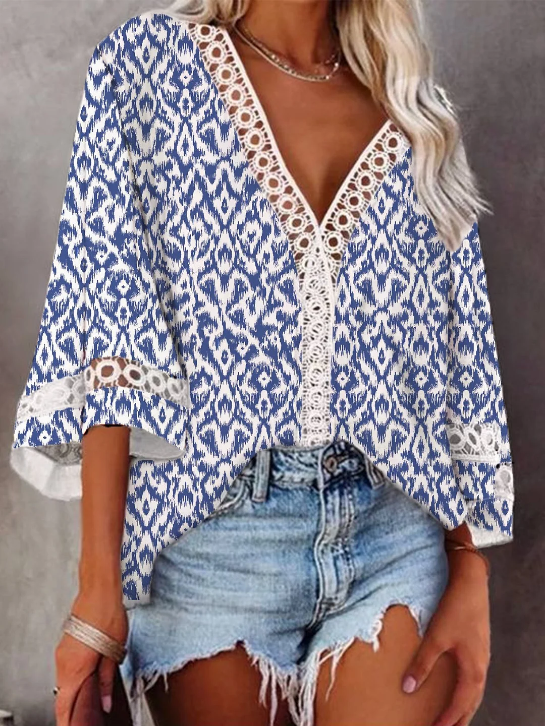 Women's Loosen Top Shirt Geometric Tribal Print Lace Patchwork 3/4 Length Sleeve V-Neck Party Fall Spring