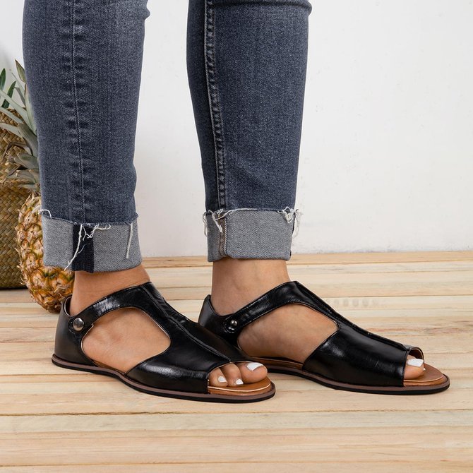 Vintage Black Flat Peep Toe Slip-on Sandals Plus Sizes CS173- Fabulory