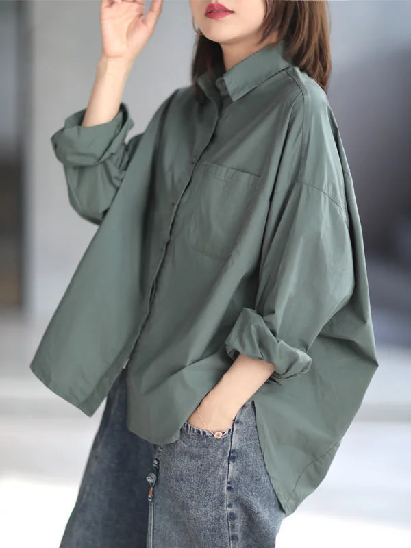 High-Low Long Sleeves Pure Color Lapel Blouses&Shirts Tops