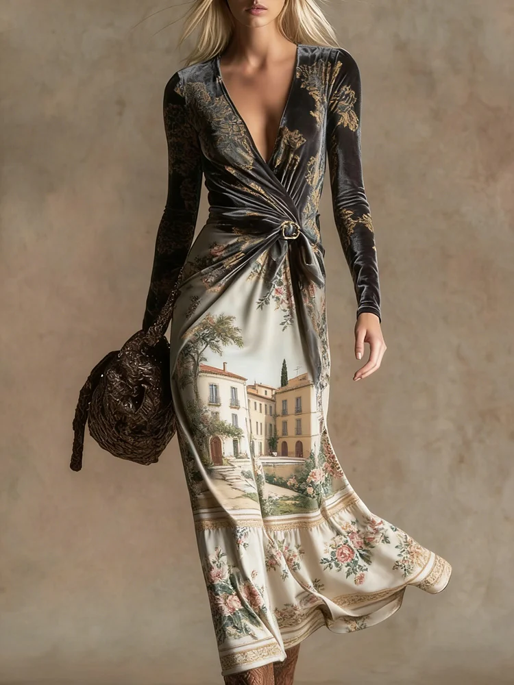 Elegant vintage print V-neck velvet maxi dress