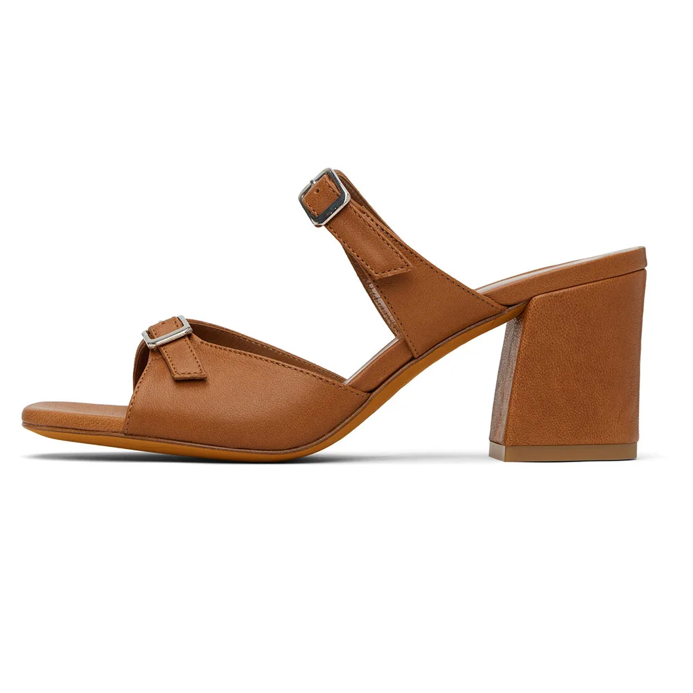 Women's Brown Vegan Leather Open Toe Buckle Strap Mules Sandals