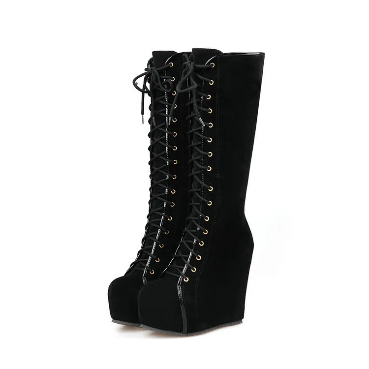 Women's super high heel wedge high boots black thick-soled inner high boots with lace-up front knight boots
