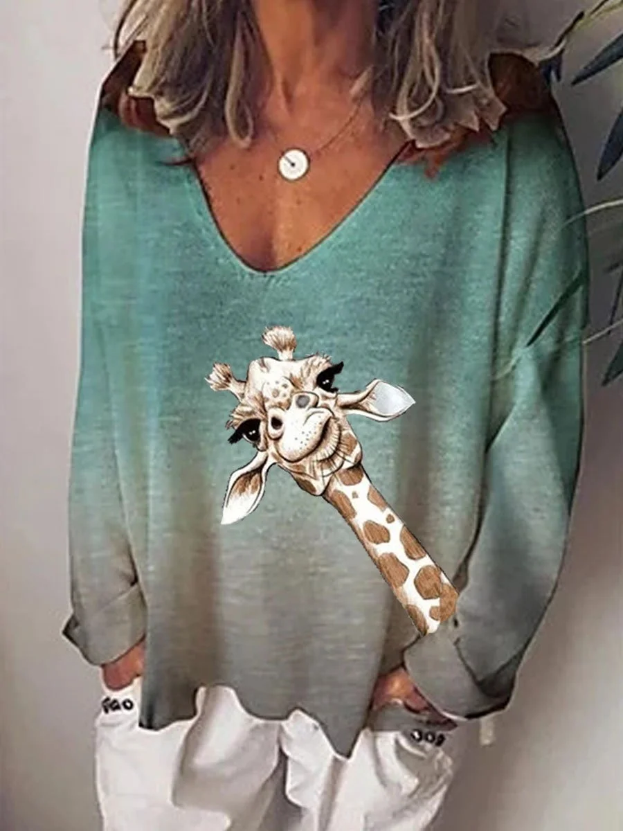 Giraffe Gradient Print Long-sleeved T-shirt