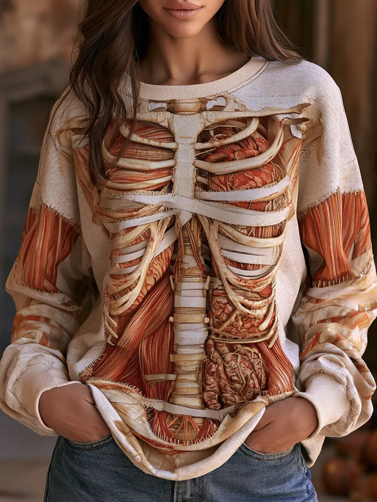 Women's Halloween Human Anatomy Art Crewneck Long Sleeve Sweatshirt