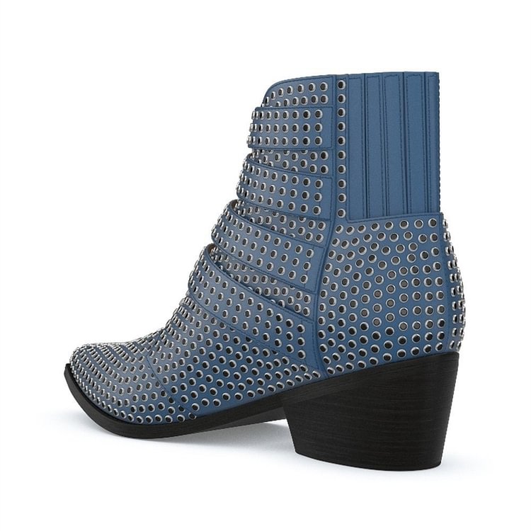 Blue Buckles Studs Fashion Boots Block Heel Ankle Boots |FSJ Shoes