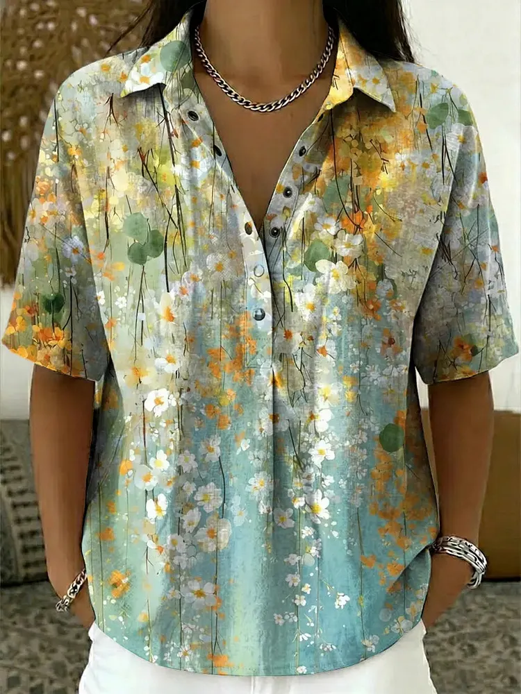 Women's Vintage Floral Pattern Art Print Casual Cotton Linen Shirt