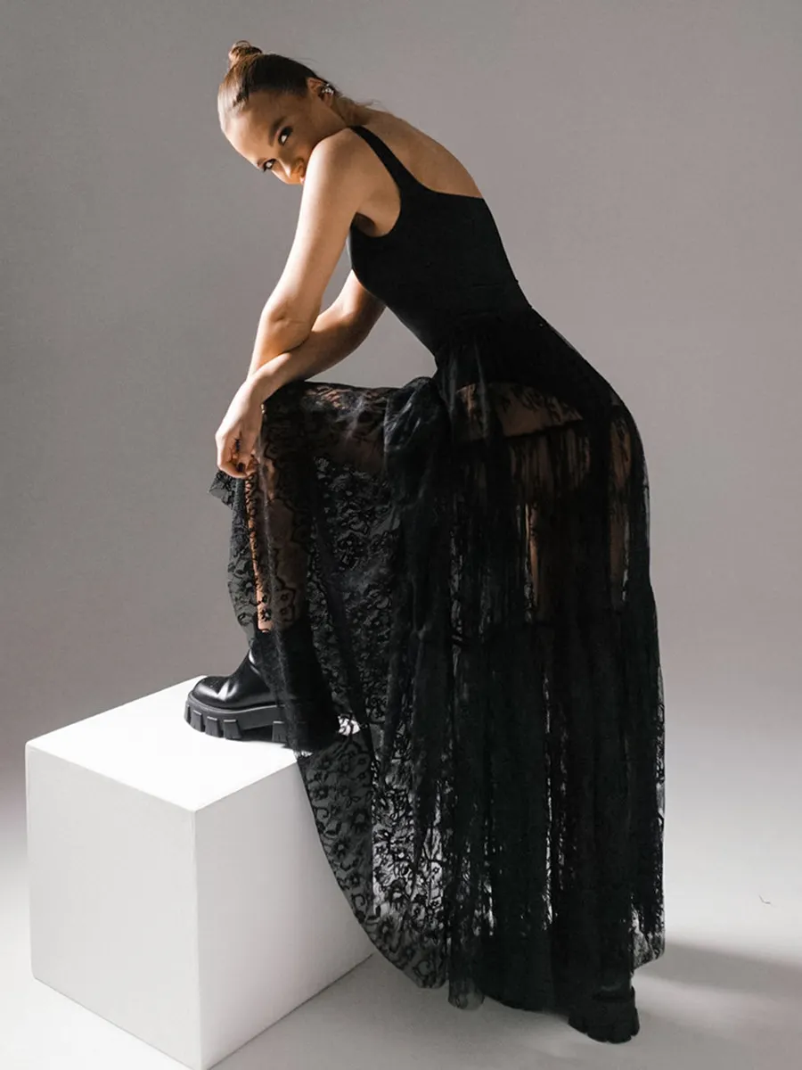 Fashion Colorblock Lace Buckle Belt Asymmetric Hem Velvet Midi Skirt