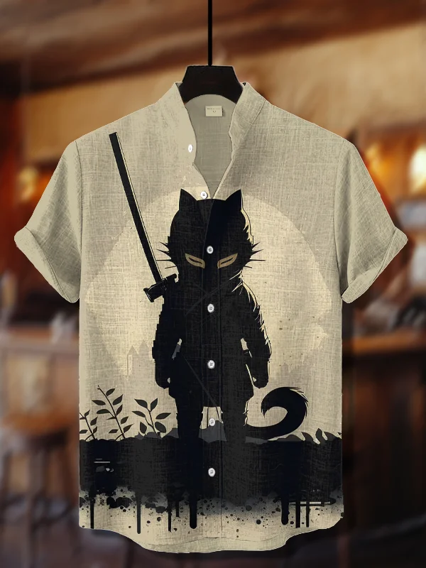 Men's Japanese Samurai Cat Printed Short Sleeve Shirt