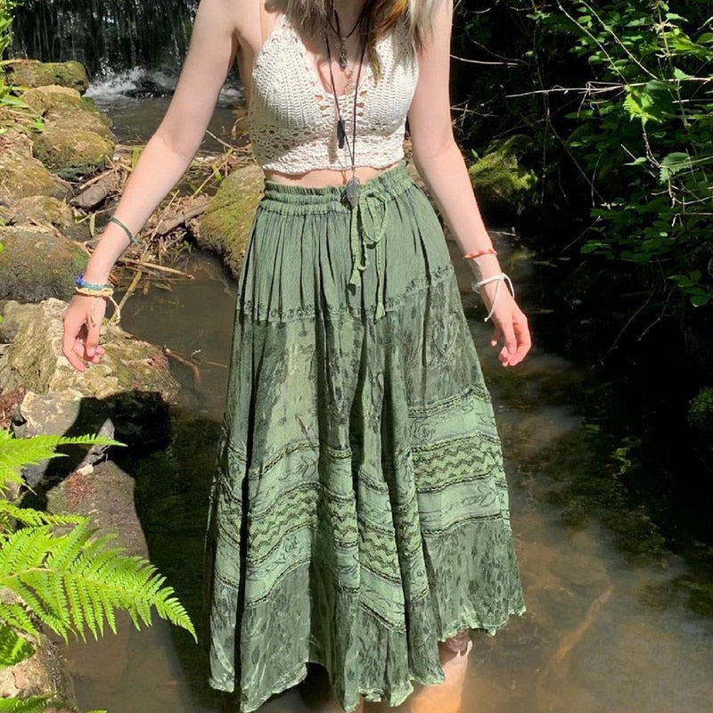 Women Y2k Chic Vintage Pleated Skirts Print Lace-Up A Line Long Skirt Grunge Fairycore Boho Beach Holiday Skirt Retro Streetwear LANFUBEISI