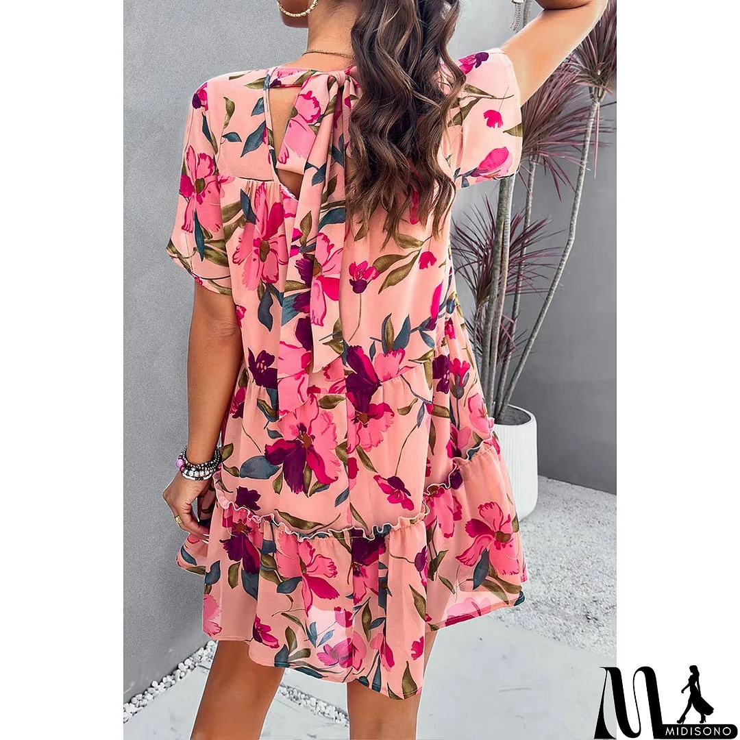 MidiSono - Knot Back Floral Lined Ruffle Loose Dress