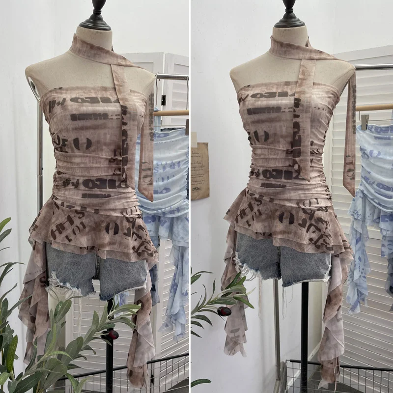 Nigikala Nigikala Shooting Spice Girls Irregular Lotus Leaf Side Ribbon With Non-Slip Strip Mesh Printing Chest Vest 8037