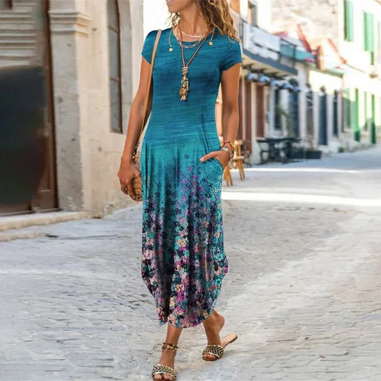 Women Plus Size  Floral Print Maxi Dress Short Sleeve Summer Bohemian Long Dresses