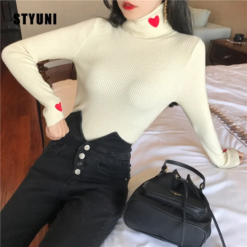 Turtleneck sweater women fall/winter 2021 new Korean version of soft waxy love embroidery Slim stretch warm pullover sweater