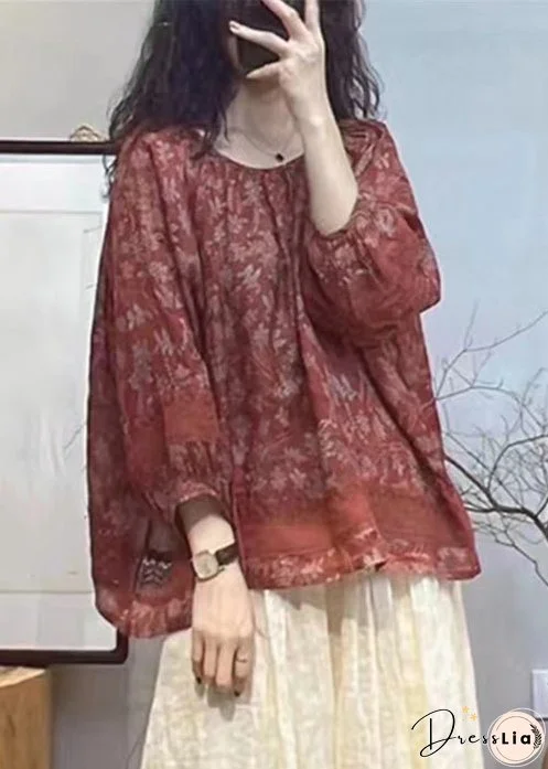 Loose Red Print Hollow Out Cotton Tops Long Sleeve