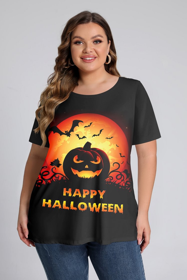 Plus Size Halloween Black Graphic Letters Print Round Neck T-Shirt