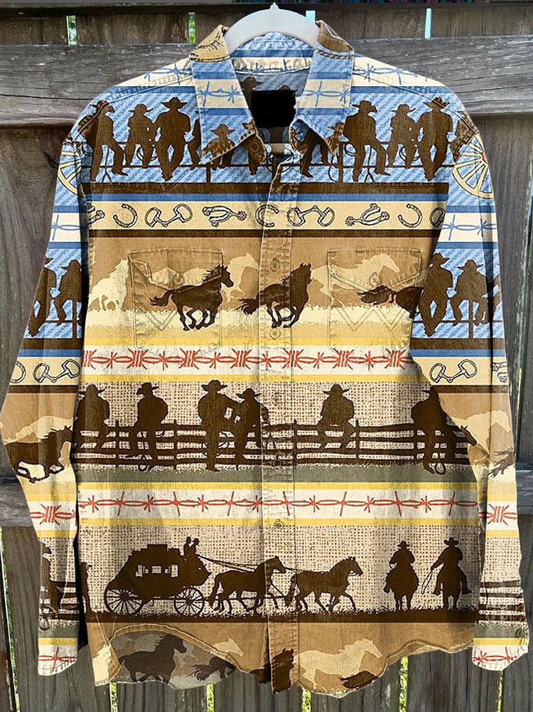 Retro Western Cowboy Style Print Casual Shirt