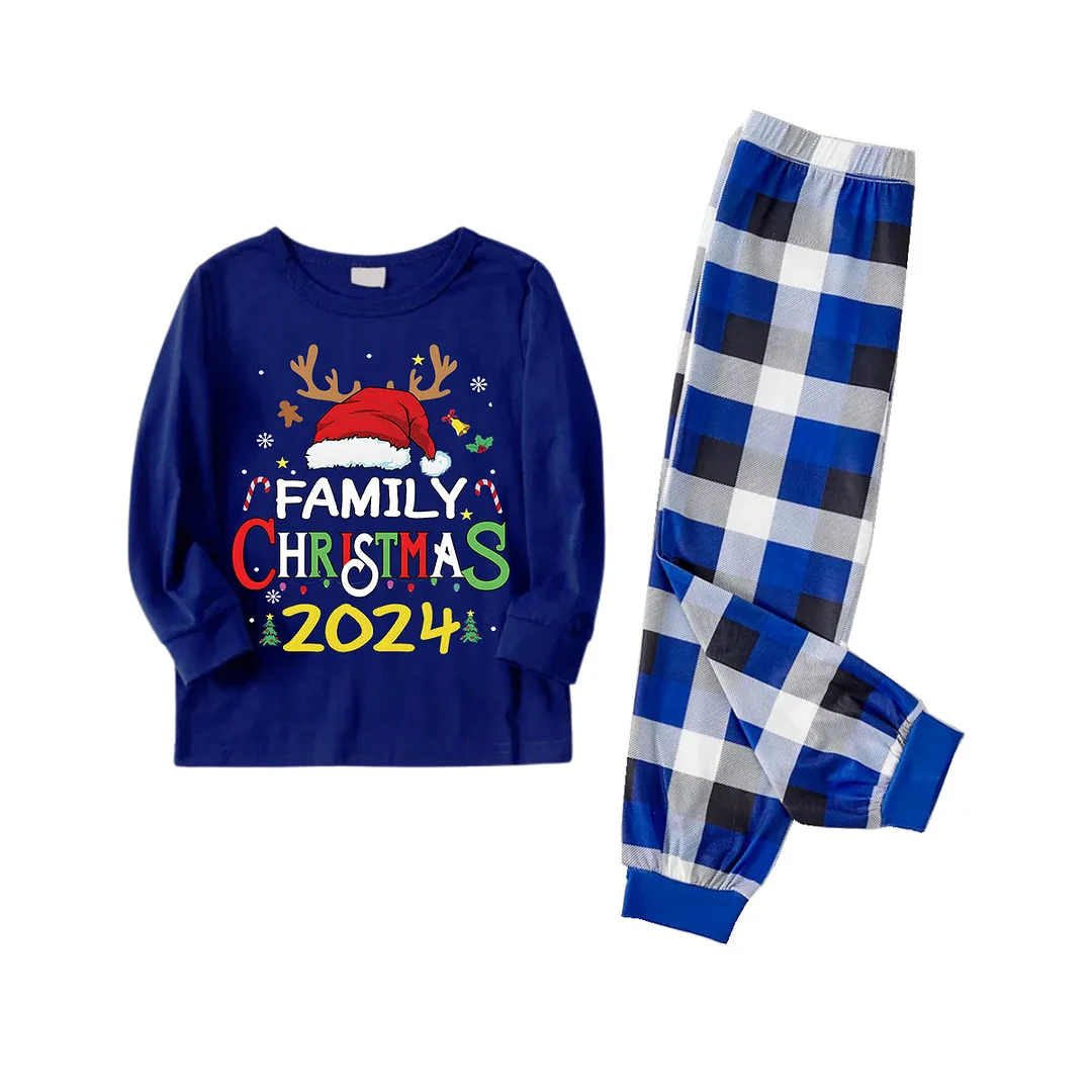 Red Santa Hat "2024 Family Christmas" Monogram Print Contrast Blue Long Sleeve with Blue and White Plaid Pants Family Matching Pajamas