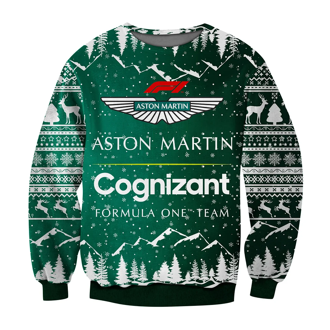 Men's Vintage Aston Martin Racing Christmas Print Crew Neck Pullover Sweatshirt / DarkAcademias /Darkacademias