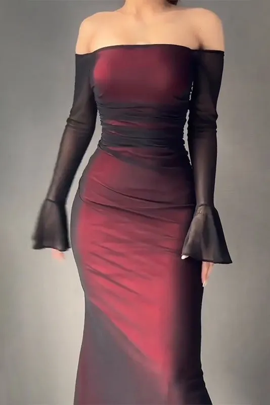 Burgundy Sheer-Sleeve Mermaid Gown