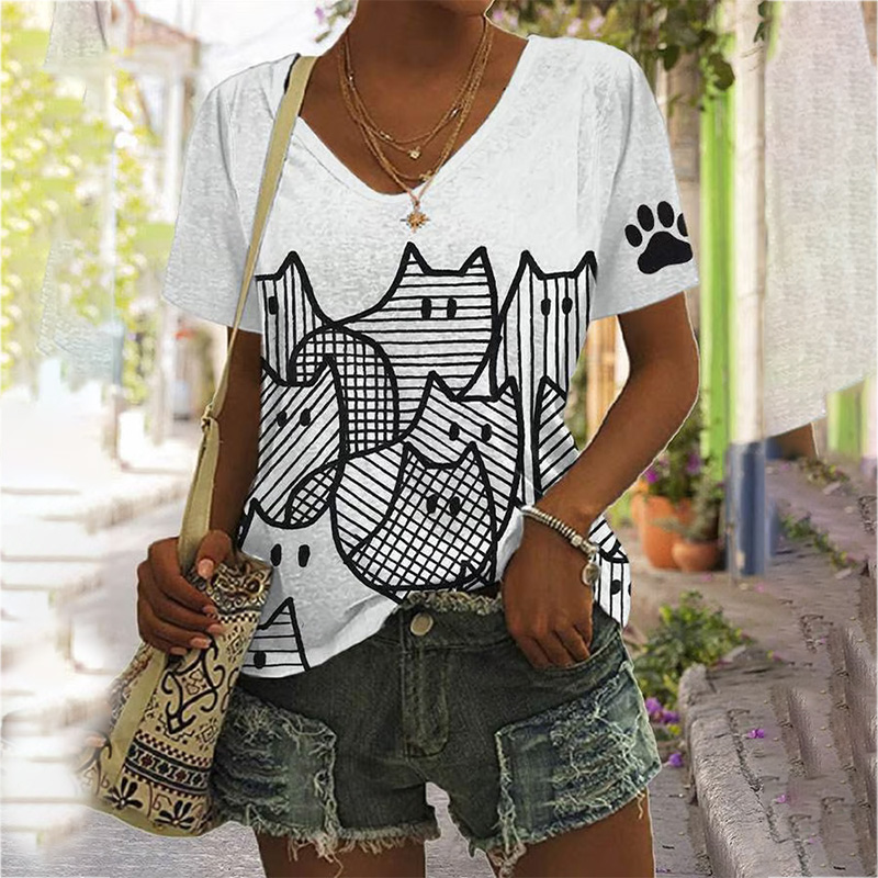 Women's Cute Line Cats Print V Neck T-shirt wearshes