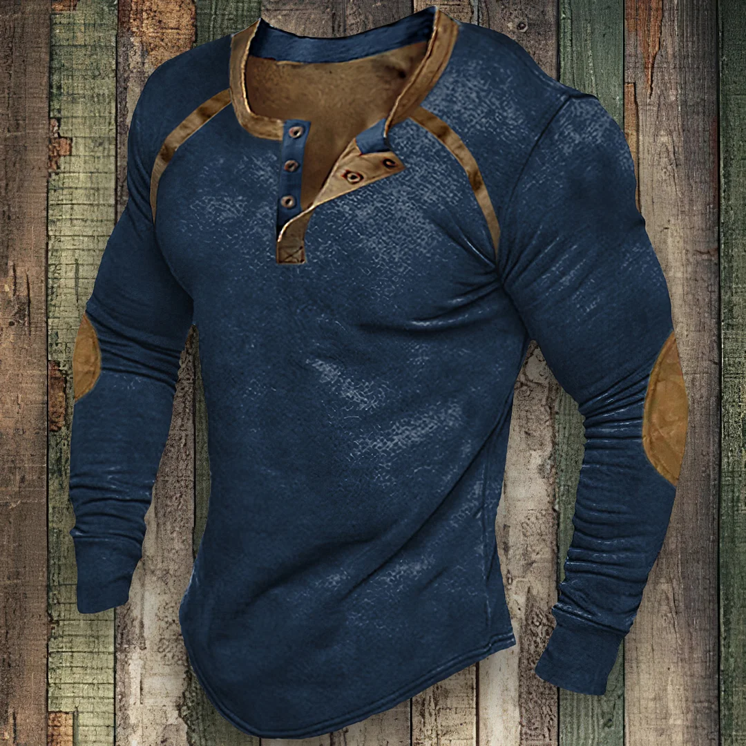 Men'S Button Retro Color Block Sleeve Patches T-Shirt