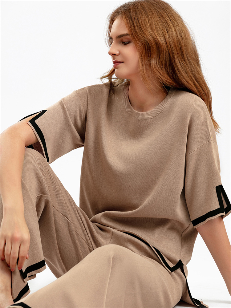 Ootddress Contrast Knit Trousers 2 Piece-Set Female Slim Patchwork Loose Casual Streetwear Pullover And Wide Leg Women's Pants Sets