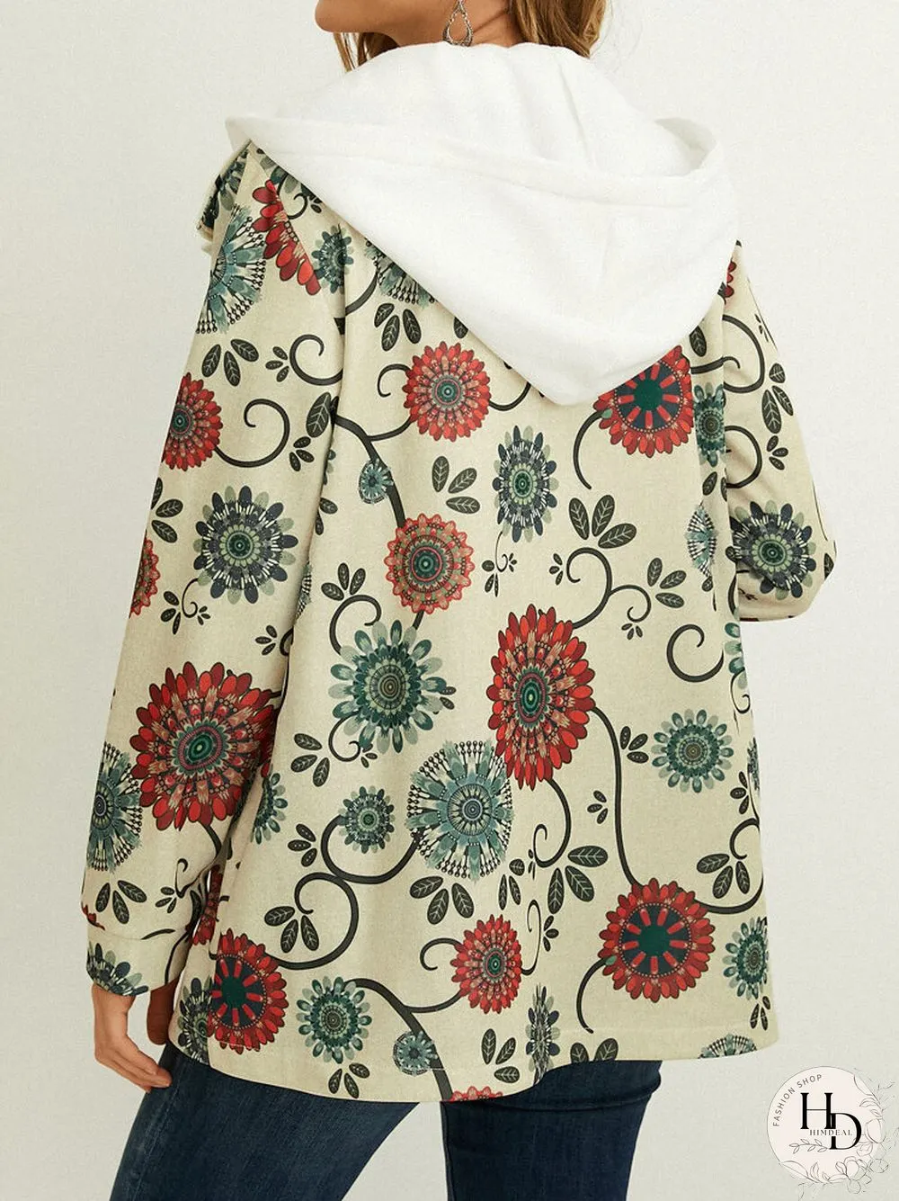 Flower Print Button Pocket Hooded Casual Jacket for Women