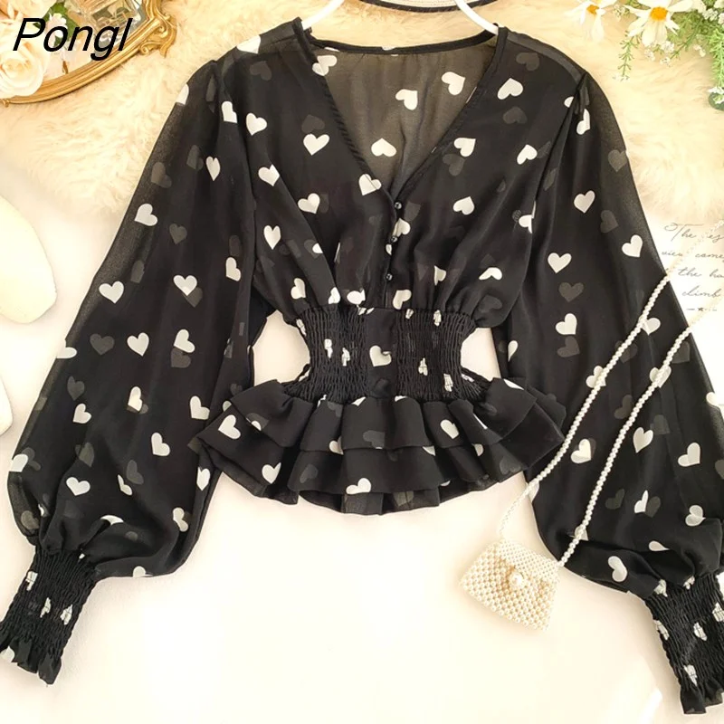 Pongl Women's Love Print Chiffon Shirt Top Spring Autumn V-neck Puff Sleeve Elastic Waist Double-layer Ruffled Tops and Blouses ML702