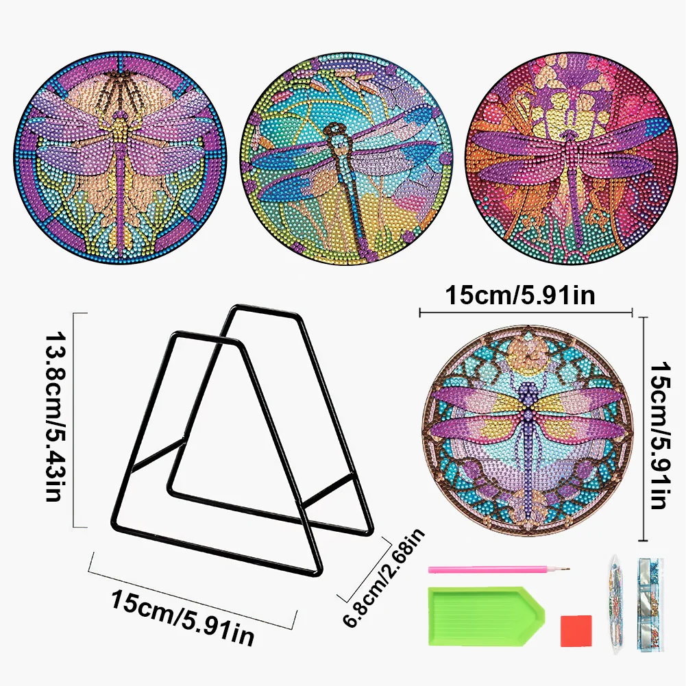 4pcs DIY Dragonfly Wooden Diamond Painting Placemats Kitchen Dish Mat with Holder