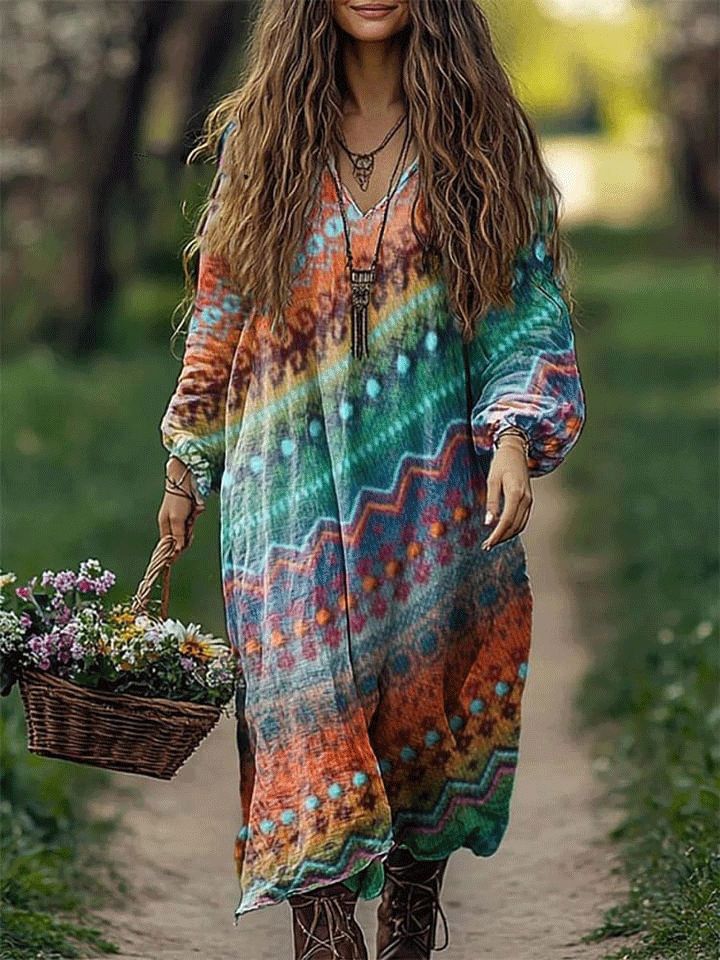 Women's Rainbow Color Stripes Art Pattern Print Loose V Neck Pocket Cotton Dress