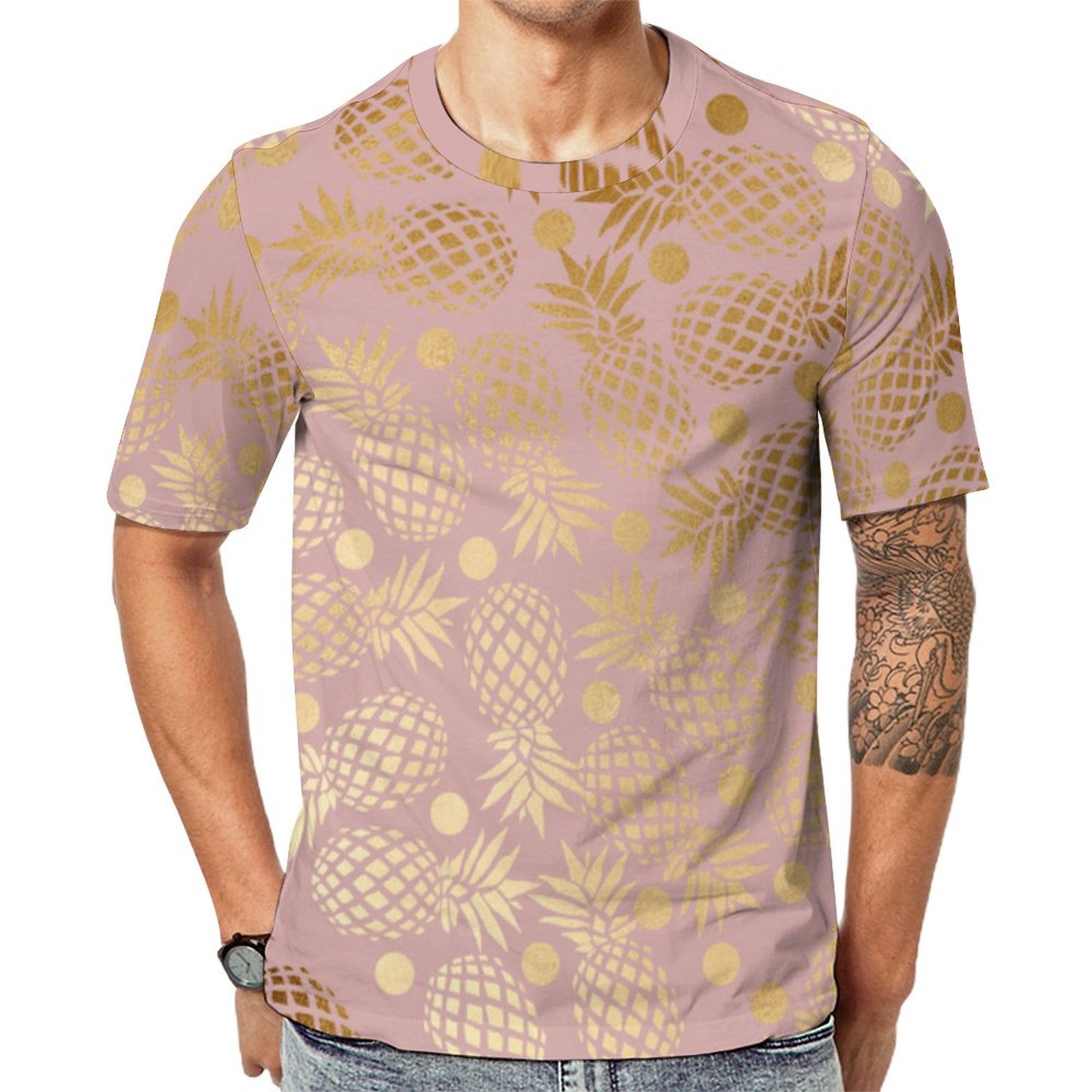 Rose Pink Elegant Faux Gold Pineapple Short Sleeve Print Unisex Tshirt Summer Casual Tees for Men and Women Coolcoshirts