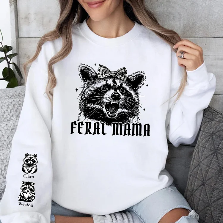 Raccoon Lover Mom Life Shirt, Gift for Mom Sweatshirt, Mother's Day Gift, Gift for Mama,Hoodie with Kid Name on Sleeve