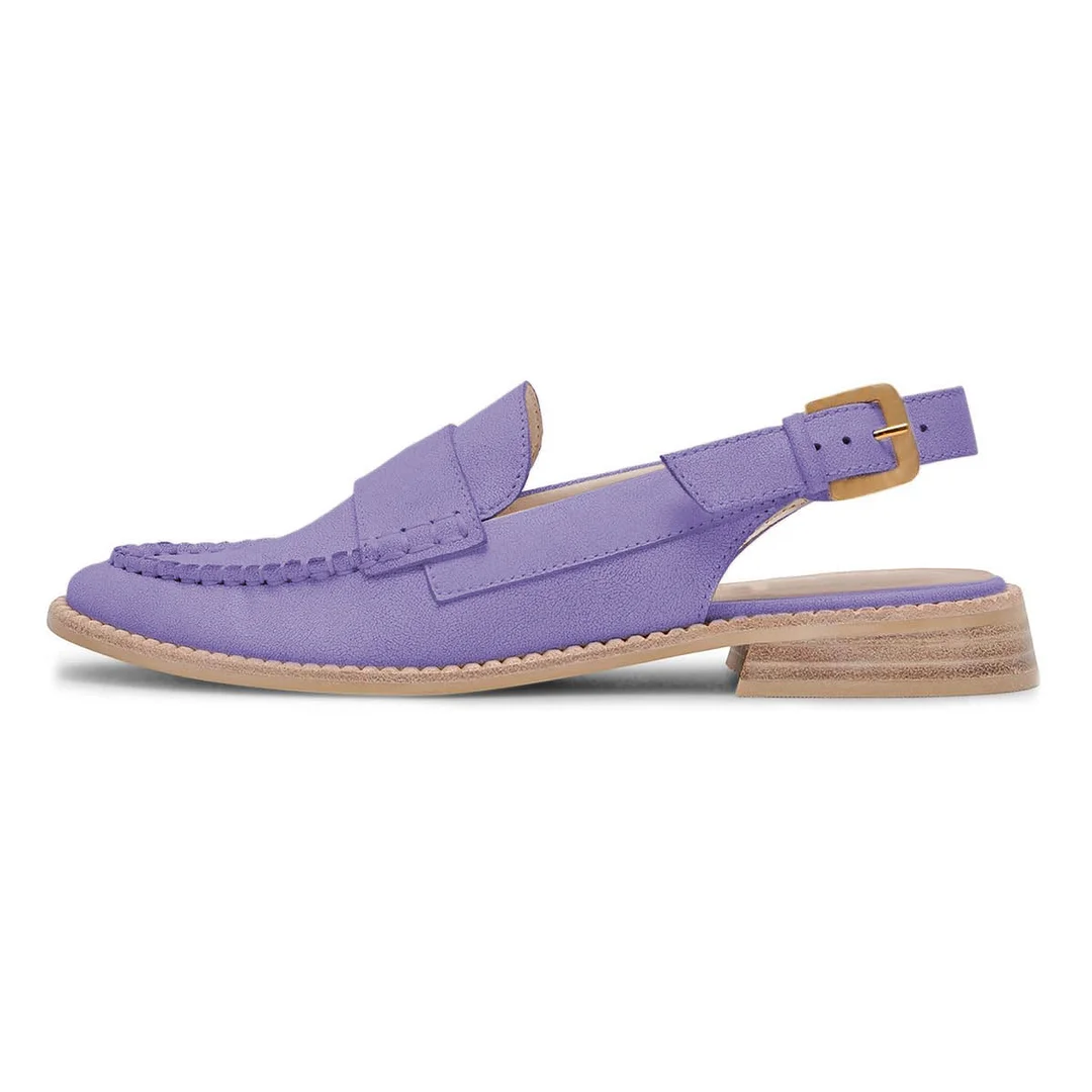 Purple Round Toe Buckled Slingback Flat Loafer Shoes for Women